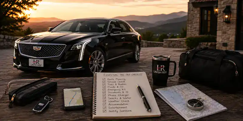 Luxury Cadillac sedan with the official Lavish Ride logo parked beside travel essentials for comfortable long-distance trip planning.